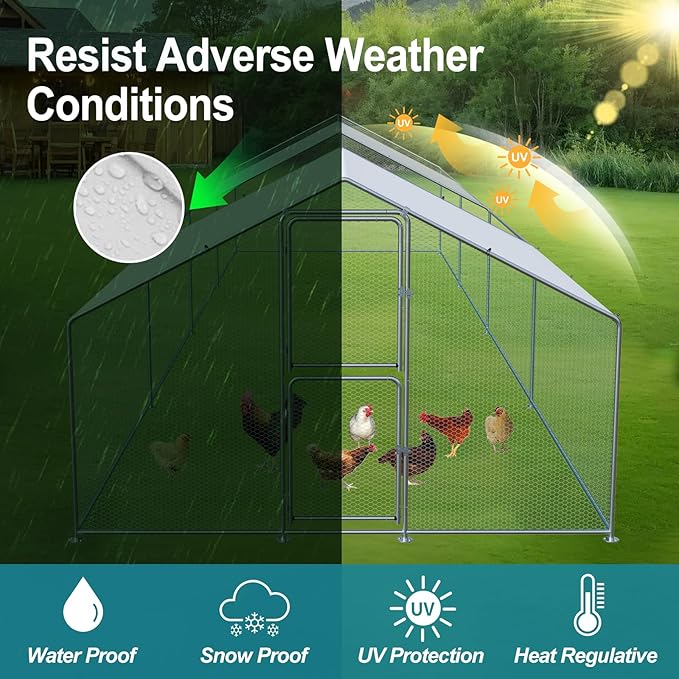 Large Chicken Coop, Chicken Coops for 40 Chickens, Chicken Runs for Yard with Water Poof & UV Resistance Cover, Spire Roof Chicken Coop Run with Double Lockable Doors for Outdoor Backyard
