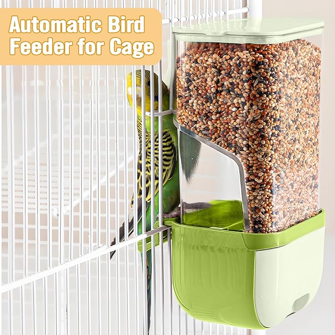 BNOSDM No Mess Bird Cage Feeders Automatic Bird Feeder Parrot Cage Accessories Transparent Seed Food Container with Perch for Finches, Parakeets, Budgies, Lovebirds, Cockatoos, Canaries (Green)