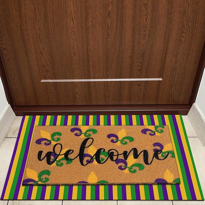 Tinideya 2 Pcs Mardi Gras Door Mat Carnival Welcome Non Slip Coir Mats Purple Yellow Green Stripe Floor Layering Doormats Seasonal for Front Porch Entryway Decor(Mardi Gras)