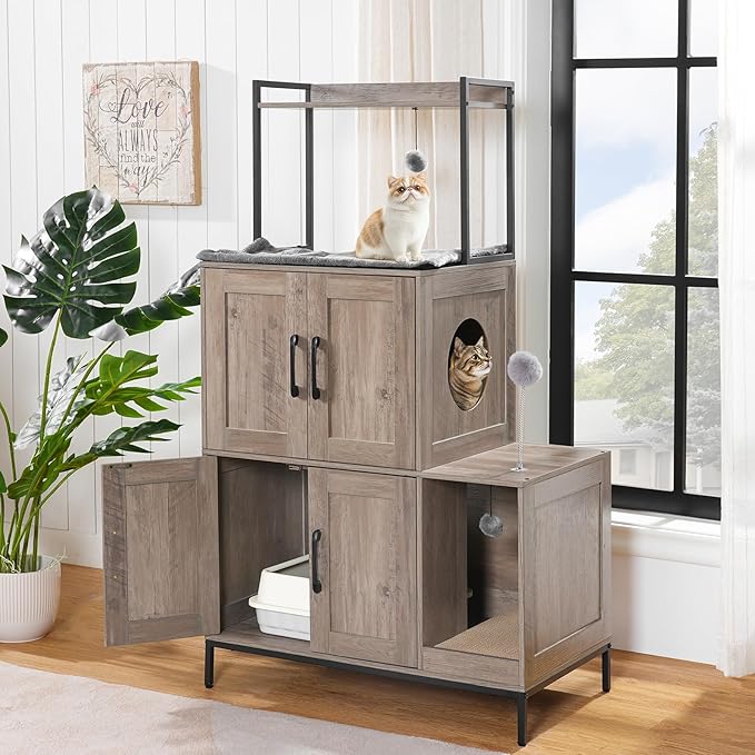 HOOBRO Cat Litter Box Enclosure Furniture, 2 in 1 Hidden Litter Box Furniture with Shelf, Double Litter Box Cabinet with 2 Dangling Plush Balls and 1 Toy Ball, Greige and Black BG78MW01