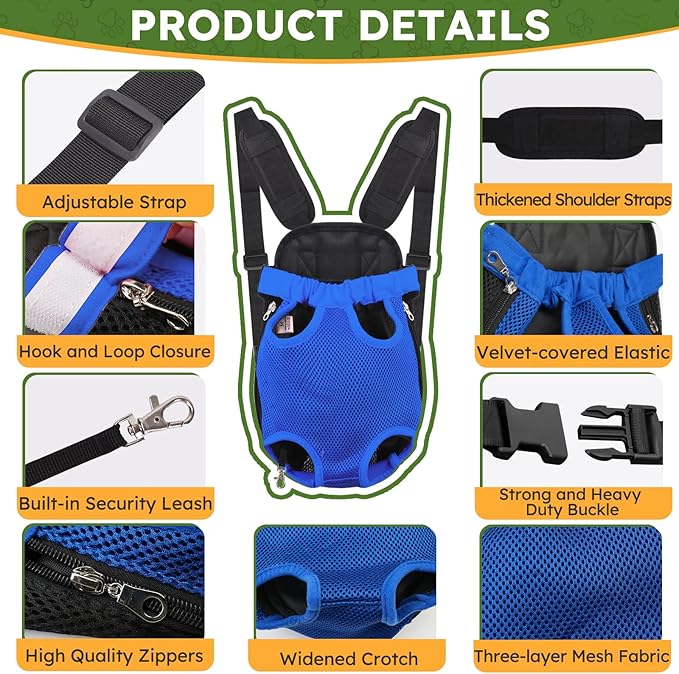 Pet Carrier Backpack, Hands-Free Adjustable Dog Front Carrier Legs Out & Easy-Fit Dog Backpack Carrier for Hiking Camping Traveling Cycling for Small Dogs and Rabbits (Large, Blue)