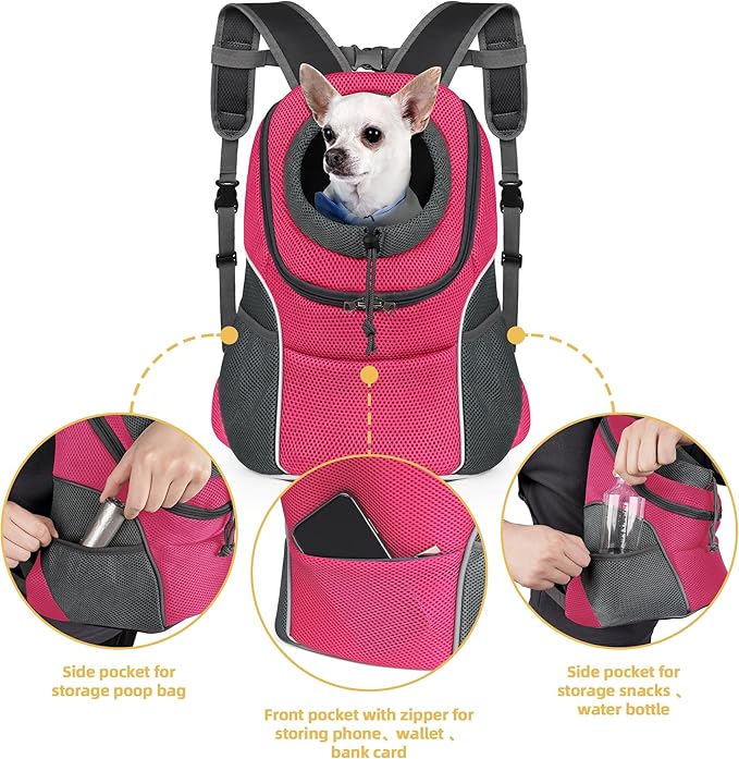 WOYYHO Pet Dog Carrier Backpack Small Dog Front Backpack Ventilated Dog Carrier Back Pack with Storage Pockets, Adjustable Straps & Safety Belt for Travel Hiking Outdoor (Size L: 10-14 lbs, Rose)