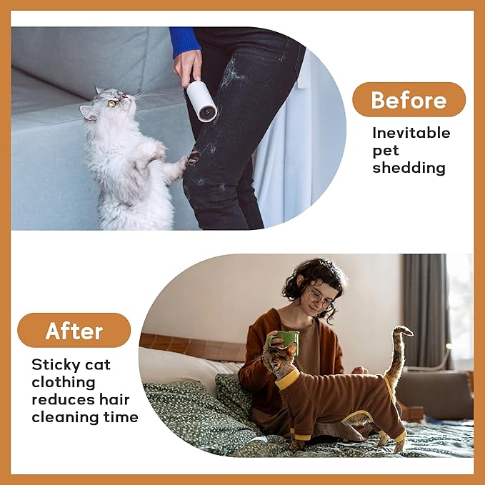 PUMYPOREITY Cat Recovery Suit, Stops Wound Licking After Surgery, Sticky Hair Shirt with Sticky Fabric, Cat Pajamas Prevents Over-Grooming, Brown, XS