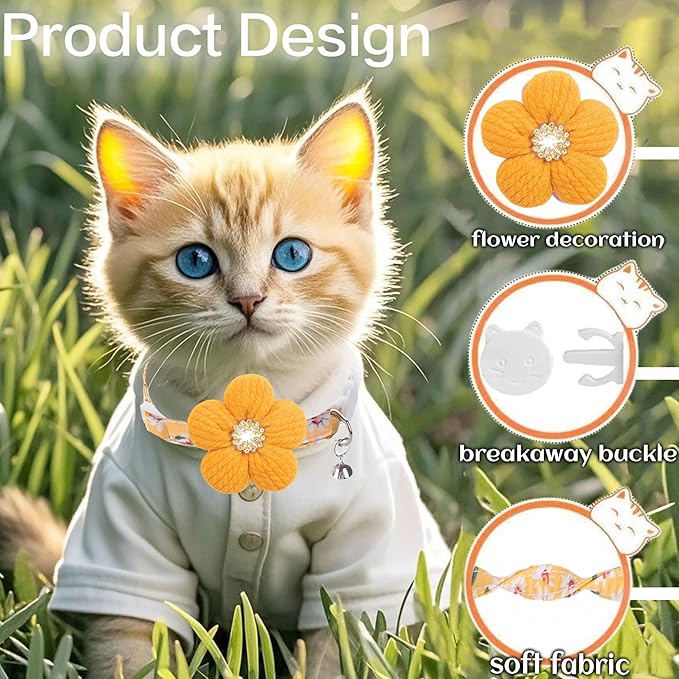 Cat Collar, HYQHYX Breakaway Kitten Collar with Flower,Rhinestone Kitty Collar with Bell, Floral Pet Collar with Safety Buckle for Cats and Puppy Dog