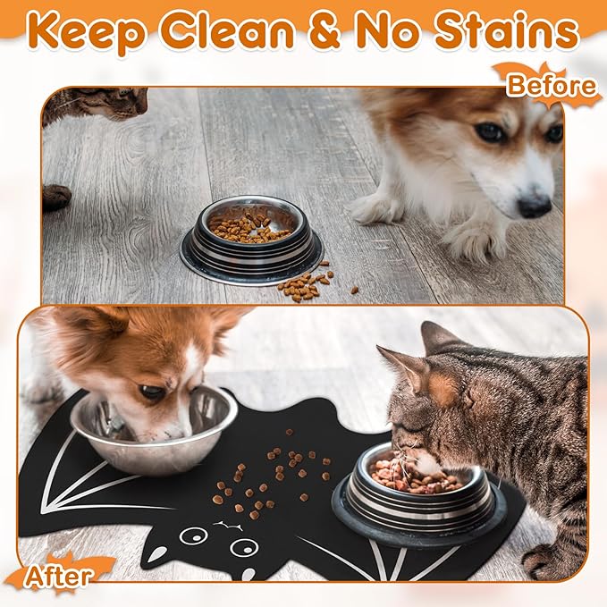Pet Mats for Food and Water Dog Cat Food Mats Pet Feeding Mat Anti-Slip No Stains Quick Dry Floors Waterproof Placemat Pet Food Bowl Mat Halloween Decorations - 23.6" x 15.7" Bat