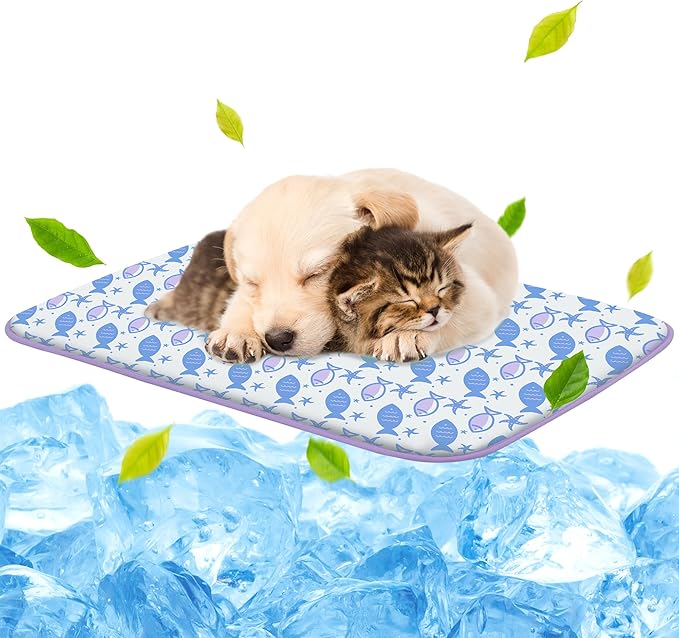 NWK Pet Cooling Mat - Ice Silk Cooling Mat for Dogs & Cats Portable & Washable Pet Cooling Blanket, Car Seats, Beds for Summer (1, Purple Fish, 20'' X 27'' X 0.3'')