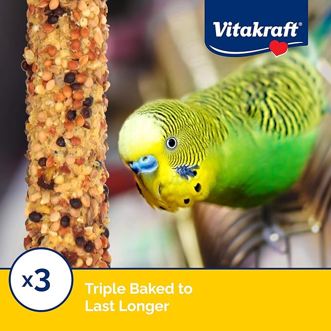 Vitakraft Crunch Sticks Parakeet Treat - Triple-Baked Millet Parakeet Treats with Natural Wood Center - Crunchy & Nutritious Bird Treat Sticks for Small Animals (12 Count, Honey, Egg, and Apple)