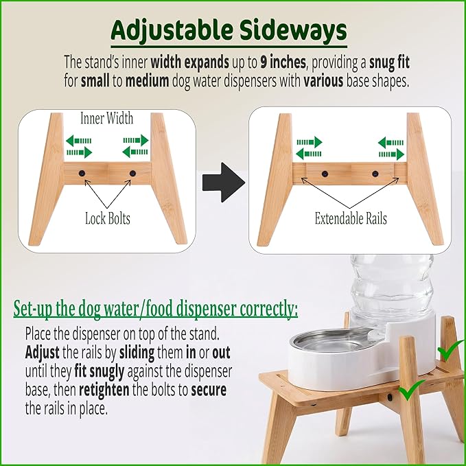 Dog Water Bowl Dispenser Stand - Elevate/Raise Automatic Dog Feeder, Food/Water Dispensers - Adjustable, Fits Various Shapes and Sizes - Natural Bamboo