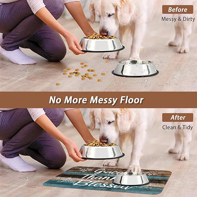 Thankful Grateful Blessed Dog Cat Food Mat,Vintage Wooden Absorbent Pet Feeding Mat for Food and Water, Non-Slip Dog Bowl Mats Floor Protector 12"x20"