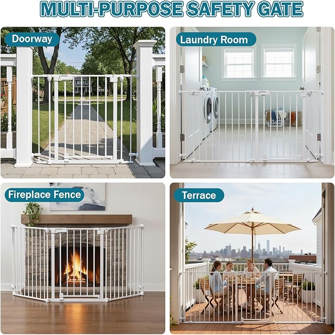 Mumeasy 80" Extra Wide Baby Gate for Doorways, Stairs & Fireplace, Auto Close Dog & Pet Gate with Walk Thru Door, 3 Metal Panels, Hardware Mounted Child Safety Fence for House, Indoor/Outdoor, White