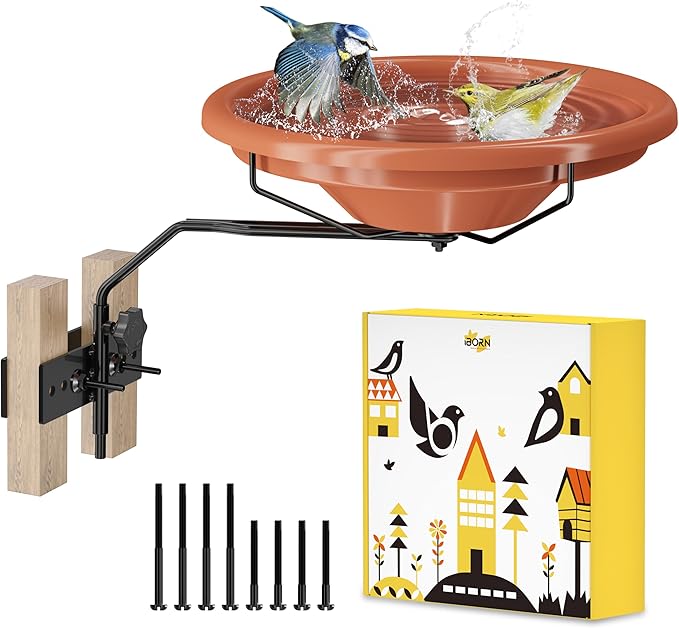 iBorn Bird Bath for Outside,Fence Mounted Bird Baths 12in,BPA-Free Bowl,360°Swivel & Adjustable Height Bracket,Detachable Bird Bath for Fence Railing, Pack of 1
