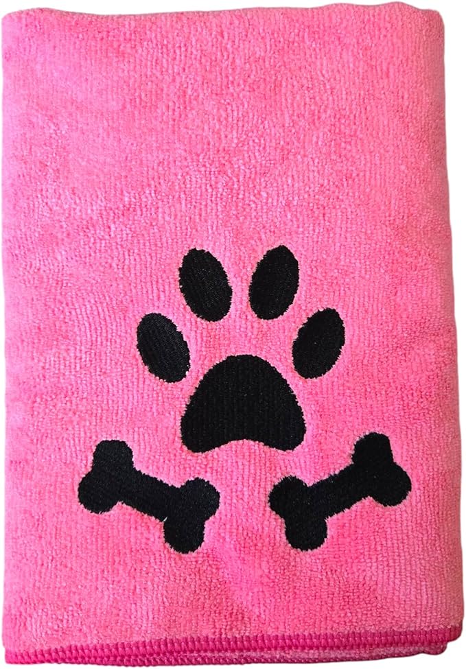 Pet Accessories Set, Pink Towel with Paw Print and Bone Designs, Collapsible Bowl, Waste Bag Dispenser