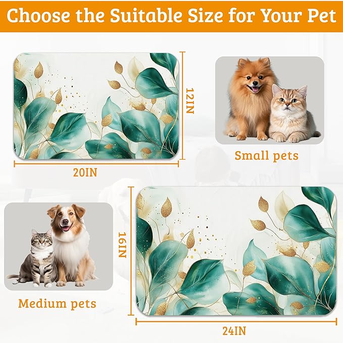 Green Plam Dog Cat Food Mat,Tropical Leaves Absorbent Waterproof Placemat for Food and Water Non Slip Rubber Backing Durable Feeding Pad for Clean Floors 12" x 20"