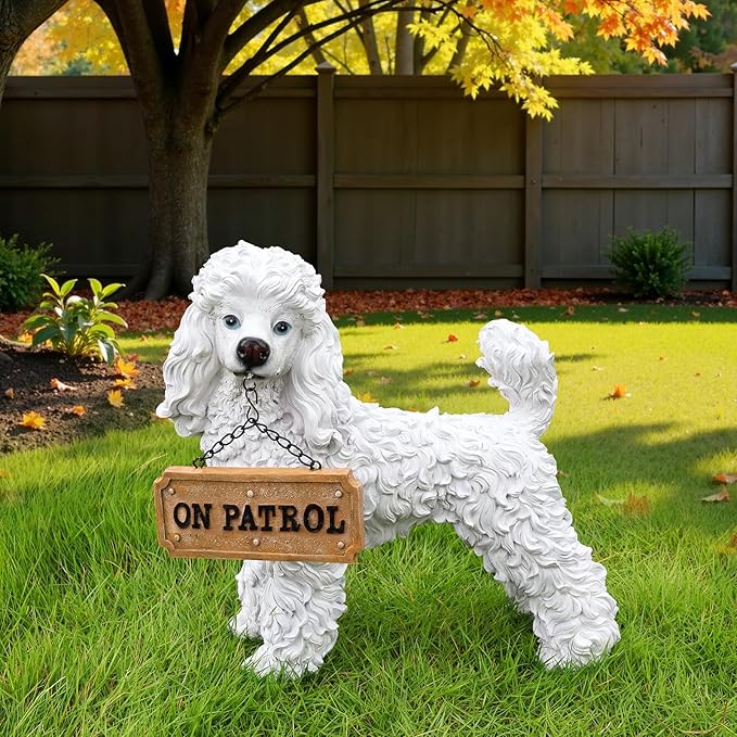 Poodle Statue Outdoor Decorations – Dog Statues Outdoor Standing White Poodle with Removable Solar Light & Welcome Sign for Lawn Décor
