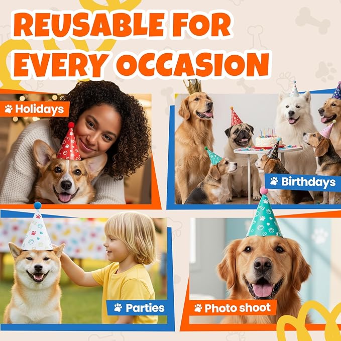 Dog Birthday Party Hat Set, Reusable & Adorable Kitty/Doggy Birthday Celebration Accessories, 1 Pack (9 Pet Hats & 2 Crowns) - Dirty Dog Goods