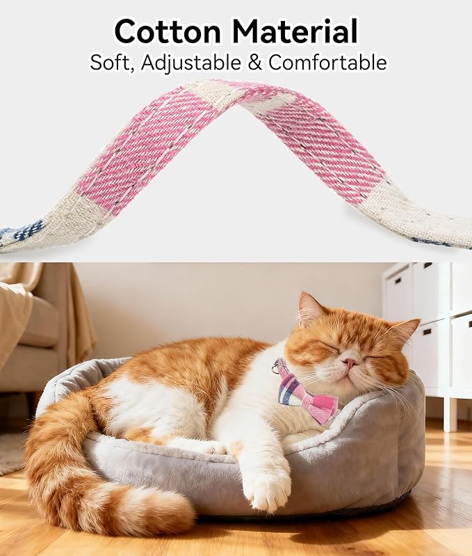 Joytale Upgraded Cat Collar with Bells, Breakaway Cat Collars with Bow Tie, 2 Pack Girl Boy Safety Plaid Kitten Collars, Pink+Teal