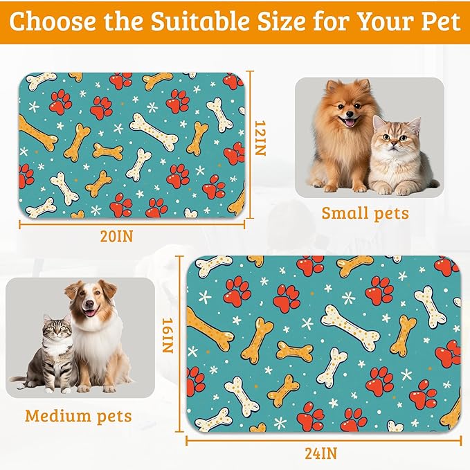 Dog Paws Cat Food Mat,Bones Absorbent Pet Feeding Mat for Food and Water Bowl,Quick Dry Dog Placemat Non Slip Rubber Backing Waterproof Pet Supplies 12" x 20"