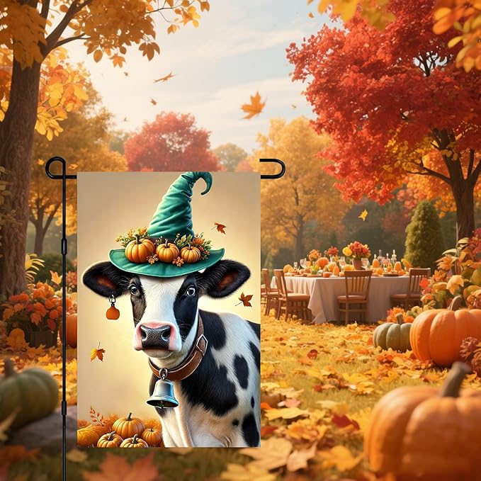 Happy Fall Garden Flag Halloween Flag Cute Cow Calf 12x18 Inch Witch Hat Pumpkins Autumn Leaves Festive Double Sided Outdoor Banner For Front Yard Porch Lawn Patio Seasonal Home Decor