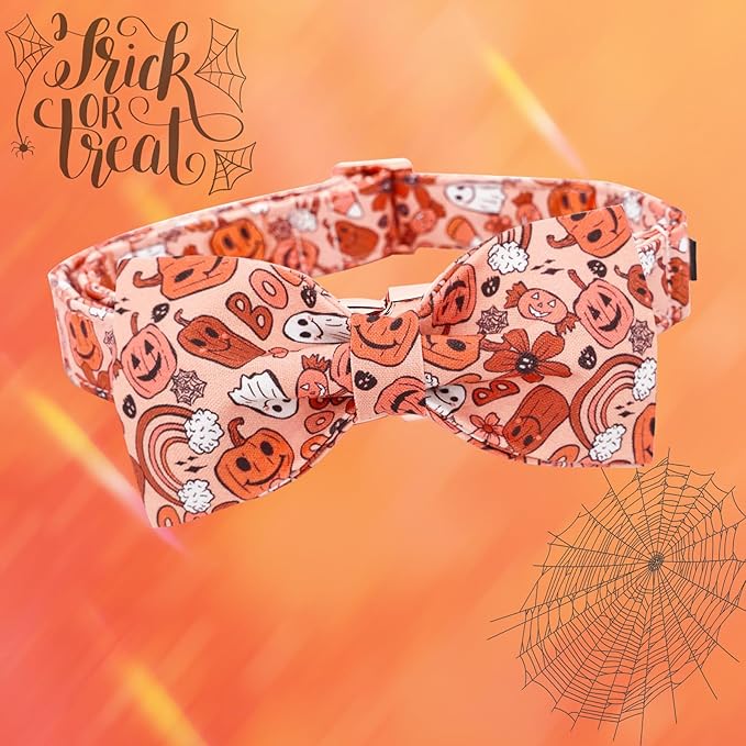 Halloween Dog Collar, Pet Collar Dog Bow Pumpkin Girl Boy Holiday Pet Collar Gift Cute Soft Puppy Collar for Small Dogs