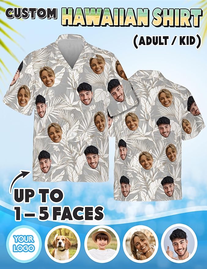Custom Hawaiian Shirt with Face Photo Picture for Men Women Kids Youth Adult, Tropical Personalized Hawaiian Shirts Gift