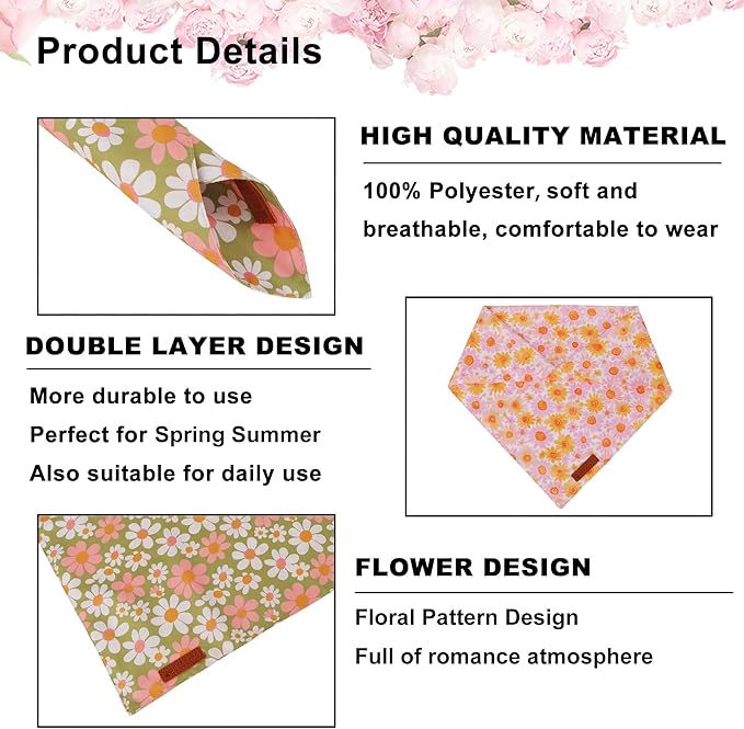 ADOGGYGO Floral Dog Bandanas 2 Pack, Daisy Flower Puppy Scarf, Premium Fabric, Adjustable Fit Spring Summer Floral Bandanas for Medium Large Dogs (Large)
