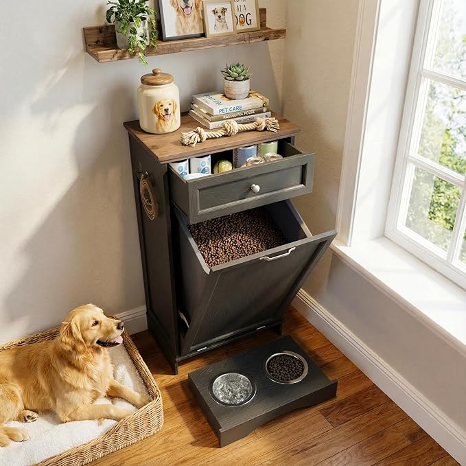 21’’W Dog Feeding Station with Storage, Tilt Out Dog Food Cabinet with Drawer, 2 Feeding Bowls, Pet Food Storage, Cat Feeding Station, Dogs Storage Organizer, (Black, Single Door)