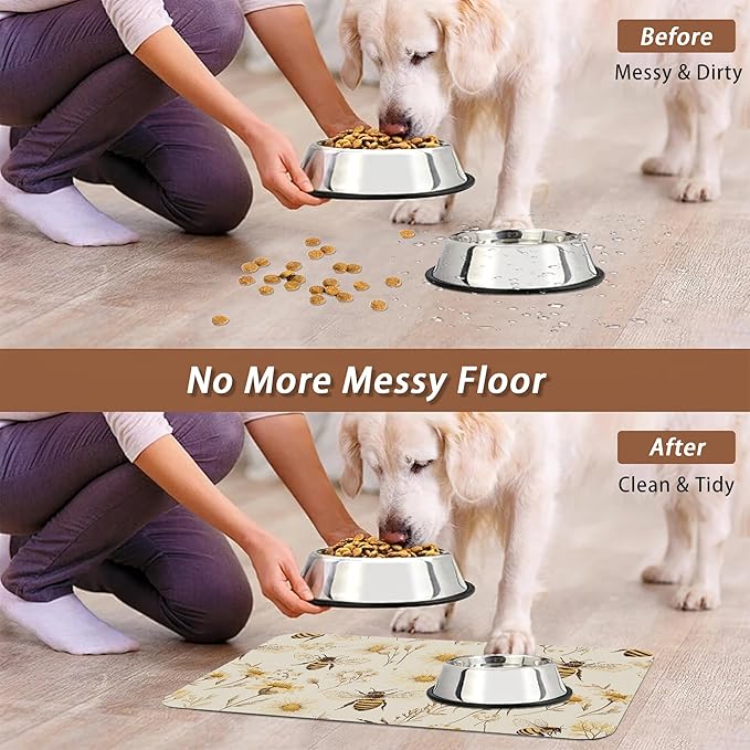 Bees Boho Daisy Floral Dog Food Mat for Floors,Absorbent Pet Food and Water Bowl Mats,Non-Slip Pet Feeding Mat,Pet Supplies 12" x 20"