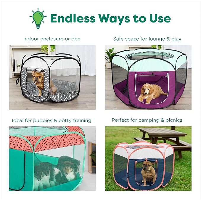 Furhaven Portable Dog Playpen Cat Tent, Pet Playground,Kennel Foldable Indoor Outdoor Zippered Puppy Crate - Green & Pink, Medium