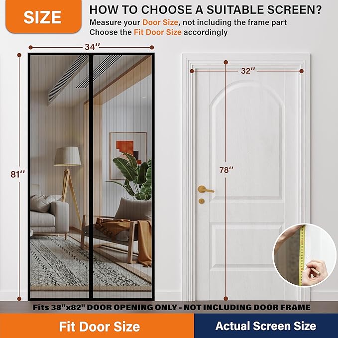 Magnetic Screen Door,Screen Door Mesh,Keep Bugs Out, Easy Install Works with Front Doors, Sliding Doors,Fit Door Size 32 x 78 Inches