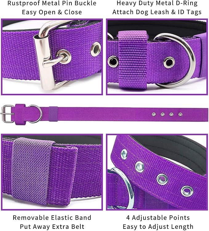 Heavy Duty Tactical Dog Collar - 1.5" Width Military Durable Thick Nylon with Adjustable Metal D Ring & Buckle Working Training K9 Collar for Medium Large Dogs (XL(23"-26"), Purple)