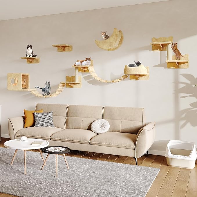 13-in-1 Cat Wall Shelves, Wall Mounted Cats Furniture Set with Plush Fabric, Cat Climbing Wall Systems, Cats Shelf with Moon Hammock, Condo, House, Step, Bridge Ladder, Scratching Post, Beige