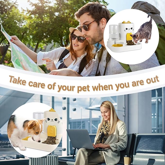 2-in-1 Gravity Pet Feeder & Water Dispenser for Cats Dogs - Large Capacity Cat Food Station with Water Bowl, Travel-Friendly (Yellow)