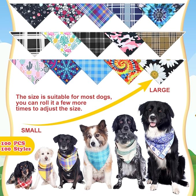 100 Pcs Plaid Dog Bandanas Bulk Pet Bibs Colorful Triangle Scarf Plaid Pet Bandanas for Medium Large Dogs Spring Summer Birthday Costume Decoration