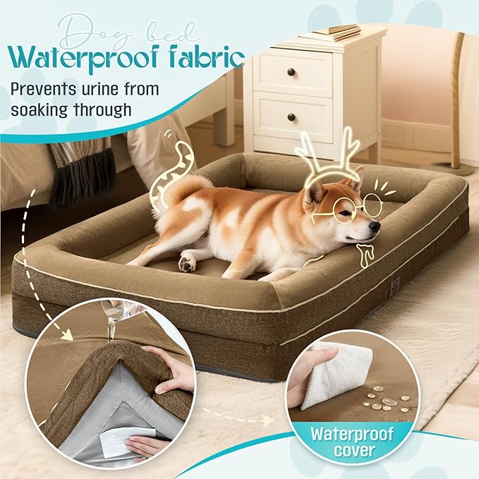 Waterproof Memory Foam Dog Beds for Small Dogs Non-Slip Orthopedic Dog Beds Washable Couch Pet Bed with Removable Cover (Brown, Small)