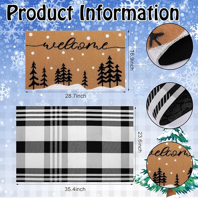 Tinideya 2 Pcs Door Mat Welcome Non Slip Coir Mats Floor Layering Doormats Seasonal for Front Porch Entryway Decor(Snowy Tree)