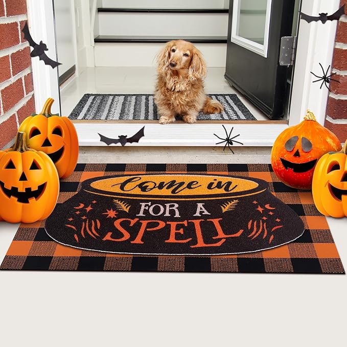 Tinideya 2 Pcs Halloween Door Mat Come in for A Spell Welcome Non Slip Coir Mats Funny Black Orange Buffalo Plaid Floor Layering Doormats Seasonal for Front Porch Entryway Decor(Come in for A Spell)