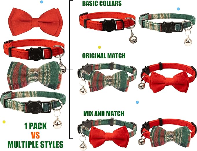 Collar for Cat Pet Breakaway with Bell Bowtie Detachable Bow Adjustable Safety Kitten Puppy Girl Boy 2pcs Christmas-A