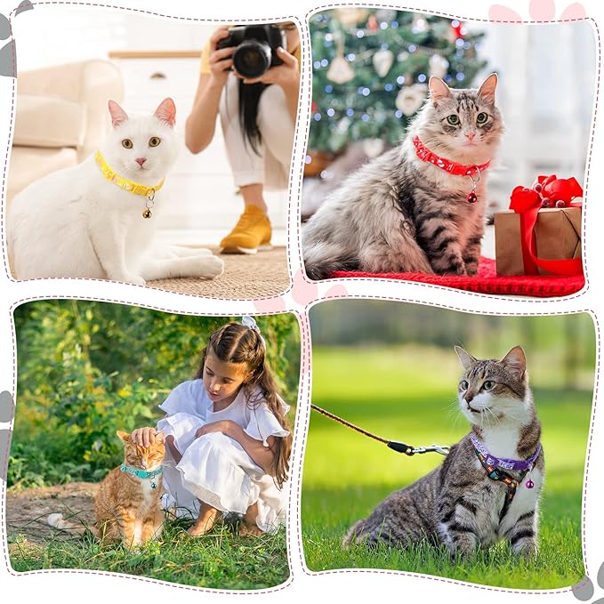 Yunsailing 24 Pcs Cat Collars with Bells for Litter Cat Puppy Soft Nylon Whelping Adjustable Reflective Kitten Collars for Newborn Pets Dogs Kitten, Assorted Colors(Cute Pattern)