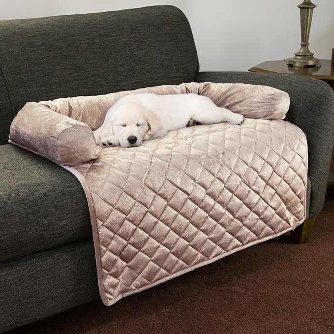 Couch Cover for Dogs - 35x35 Pet Furniture Protector with Memory Foam Neck Bolster, Quilted Fabric, and Water-Resistant Base Layer by PETMAKER (Beige