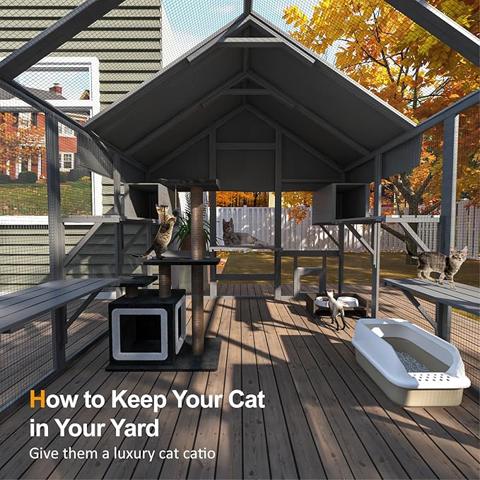 Cat Catio, Large Catio Outdoor Cat Enclosure for Multiple Cats with 7 Platforms, 2 Resting Box and 2 Bridges, Wooden Feral Cats Shelter with Waterproof and UV Proof Canopy, 71 x 71 x 97 inch