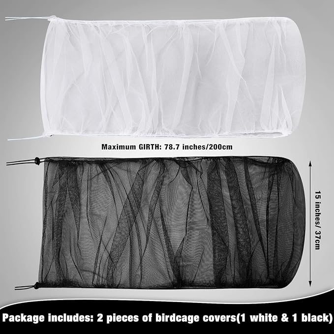 Shappy 2 Pieces Adjustable Bird Cage Seed Catcher Birdcage Cover Nylon Mesh Netting Soft Skirt Guard for Parrot Parakeet Macaw Round Square Cage(78 x 14.6 Inch in Circumference and Width,White, Black)