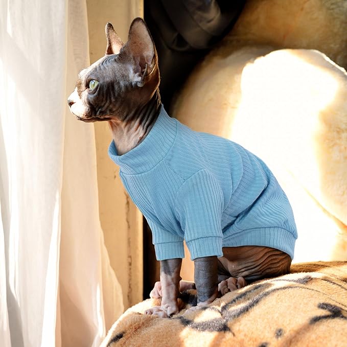PUMYPOREITY Cat Clothes, Stretchy Cat Shirt, Cat Sweater with Sleeves, Sphynx Cat Clothes, Soft Cat Shirts for Cats Only, Pullover Cat Pajama for Sphynx Hairless Cat, Devon Rex, Blue, L