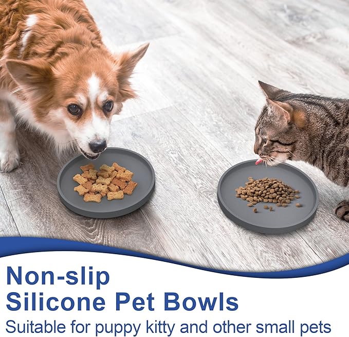 Arespark Pet Silicone Food Mat, Set of 2 Nonslip Waterproof Feeding Bowl Mat with Raised Edges for Food and Water Prevent Spills, Round Eating Tray for Dog Cat Puppy Kitten, 6'' x 6''