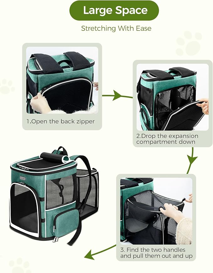 BAGLHER Expandable Cat Carrier Backpacks, Retractable Pet Carrier Backpack for Small Dogs & Cats with Breathable Mesh, Travel Bag Up to 18 Lbs for Hiking Camping Outdoor - Green