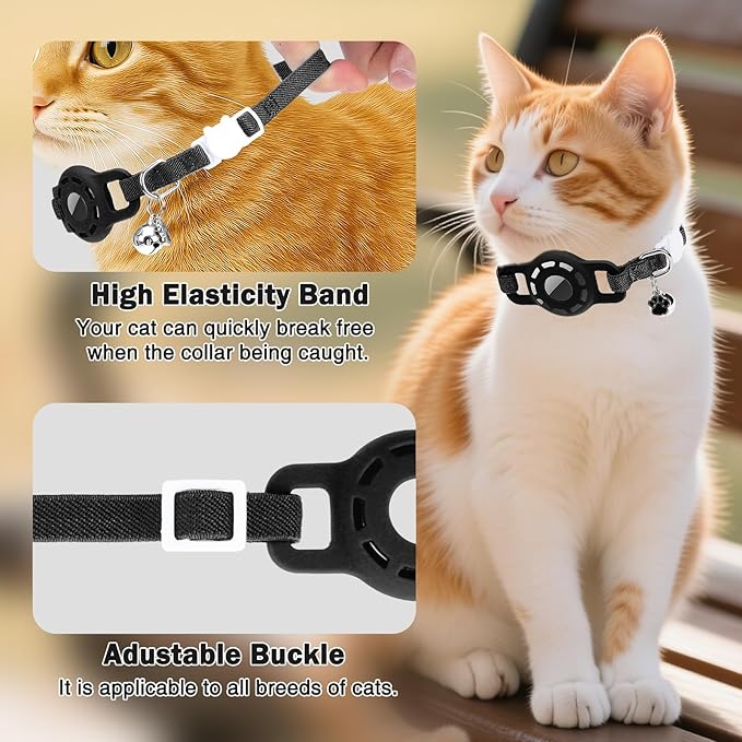 Airtag Cat Collar Breakaway, Stretchy Cat Tracker Collar with Apple Air Tag Holder for Boy Girl Cats, Elastic GPS Tracking Collars for Kittens and Puppies, Adjustable 9"-12" Black