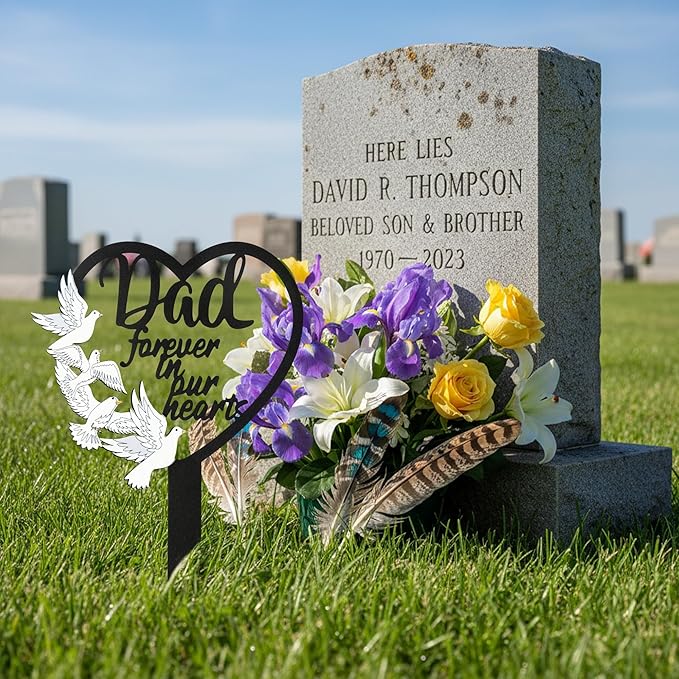 BUoonyer Stake Graves Cemetery Decorations - Dad Metal Memorial Grave Markers, Father Heart Graveyard Sympathy Plaque, Dove Remembrance Graveside Burial Decor Sign for Outside Yard Garden