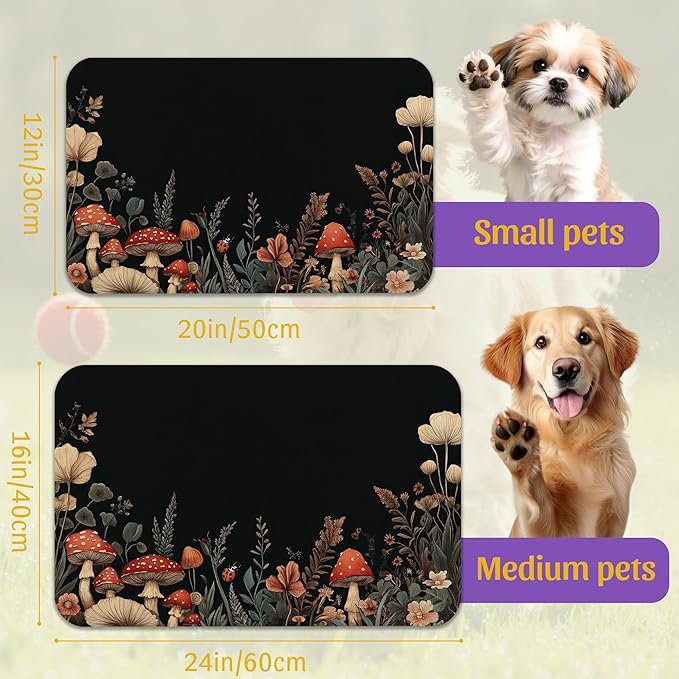 Vintage Mushroom Flower Pet Feeding Mat, Absorbent Dog Cat Bowl Pad, Fast Dry, Waterproof Rubber Back – 12x20 Inch
