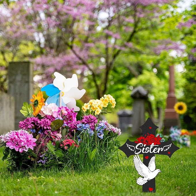 Cross Grave Decorations for Cemetery, Sympathy Memorial Stakes for Loss of Sister, Metal Grave Markers for Cemetery for Sister Outdoors Yard Garden (12 X 7.5 Inches)