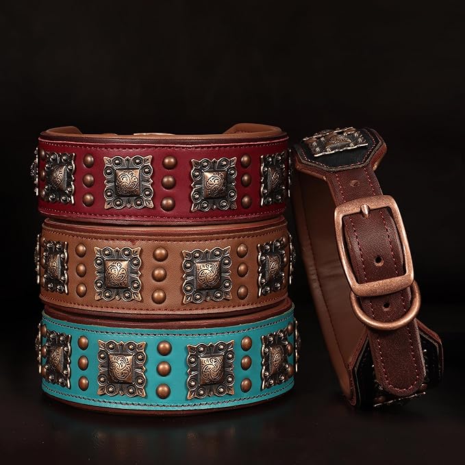 PET ARTIST Upgrade Padded Leather Dog Collar, 2 inch Wide Genuine Leather Dog Collars with Strong Studded Rivet & Metal Buckle, Adjustable Large Dog Collar for Pit Bull Doberman,Black,Neck 19-22"