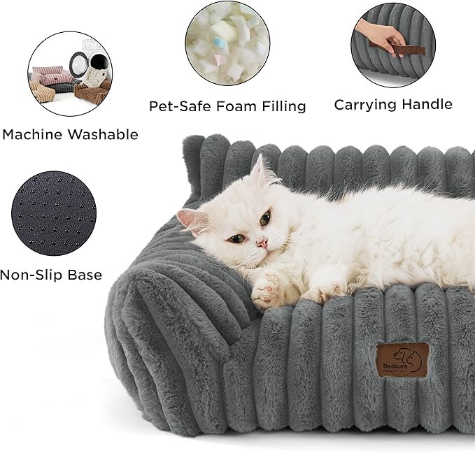 Bedsure ComfyFleece Cat Couch for Pets - Fluffy Cat Sofa with Premium Soft Corduroy Fleece, Fuzzy Pet Couch Bed with Removable Washable Cover, Supportive Pet Chair for Indoor Cats, 24inch, Warm Grey